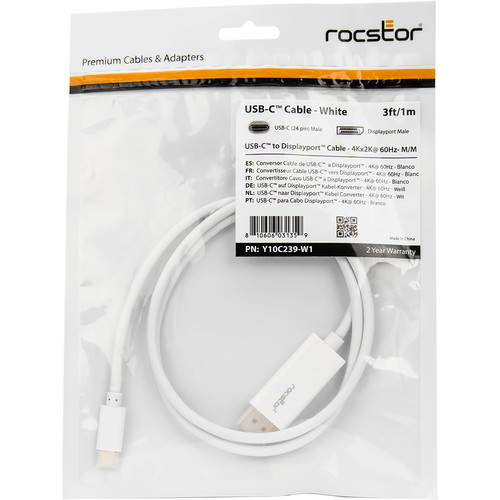Rocstor USB Type-C to DisplayPort Cable (3', White)
