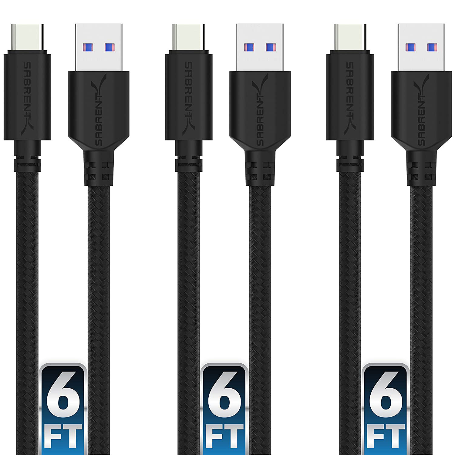 Sabrent USB 3.1 Gen 1 Type-C Male to Type-A Male Sync and Charge Cable (6', Black, 3-Pack)